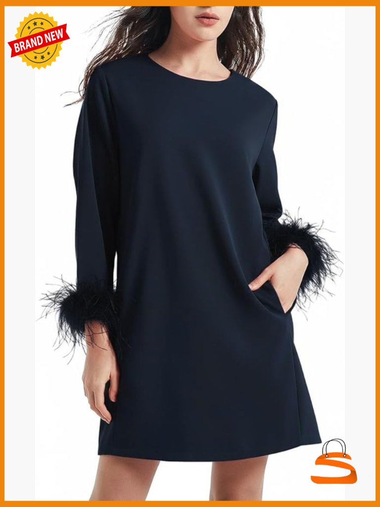 Women Feather Trim 3/4 Sleeve Cocktail Mini Dress
